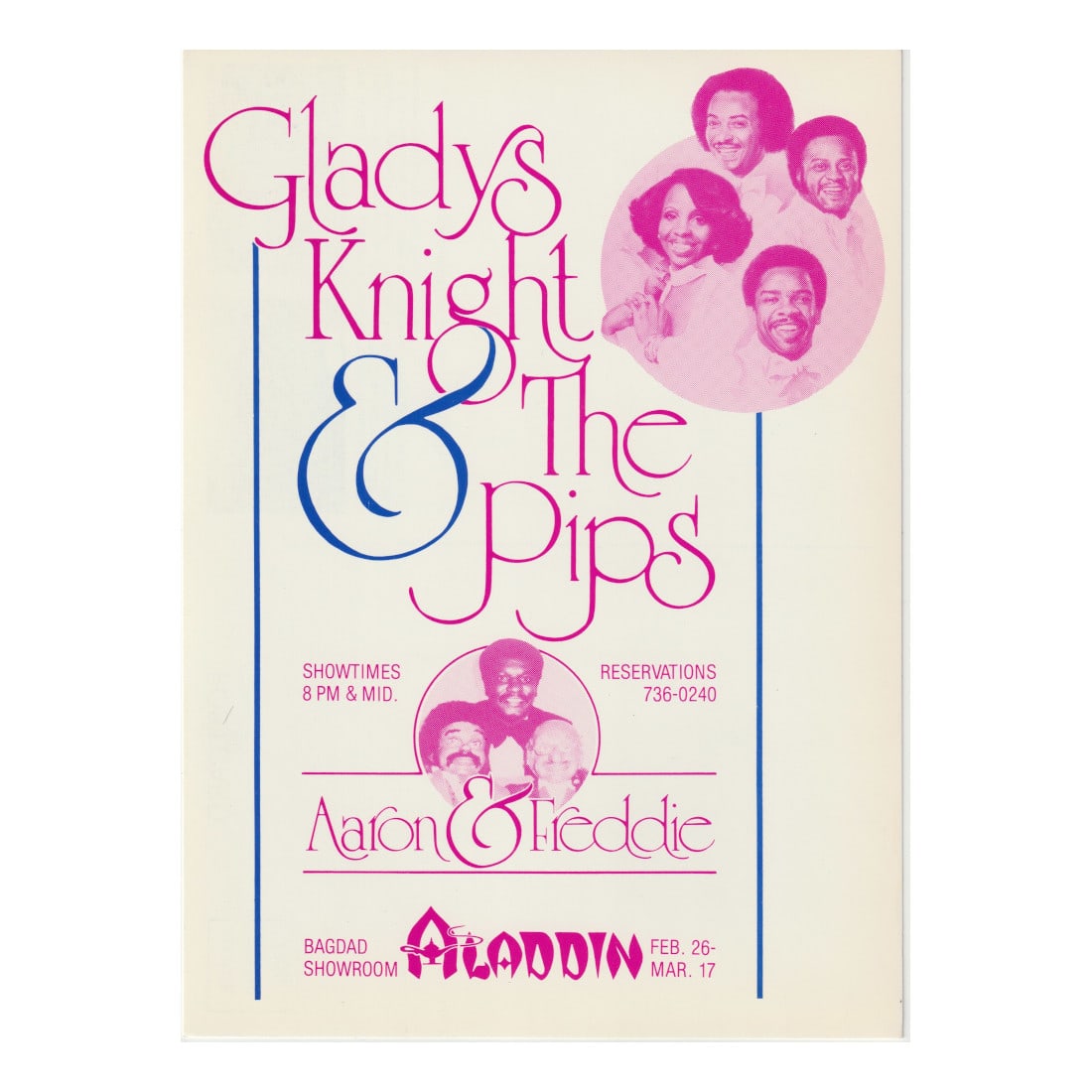 Gladys Knight & The Pips - Aaron & Freddie - Aladdin - 1970/80's Concert Handbill: GLADYS KNIGHT & THE PIPS (American R&B Group) AARON & FREDDIE (American Ventriloquist) Authentic 1970/80's Aladdin Concert Handbill featuring Gladys Knight & The Pips & Aaron & Freddie. Venue: Aladdin