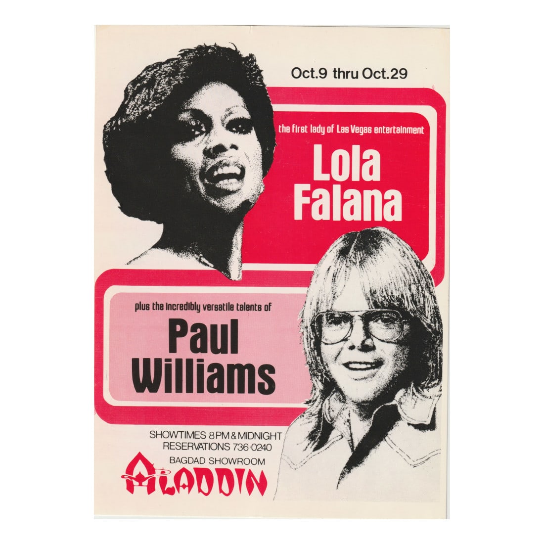 Lola Falana - Paul Williams - Aladdin - 1970/80's Concert Handbill: LOLA FALANA (American Singer) PAUL WILLIAMS (American Singer-Songwriter) Authentic 1970/80's Aladdin Concert Handbill featuring Lola Falana & Paul Williams. Venue: Aladdin, Las Vegas, Nevada. Dated: 1