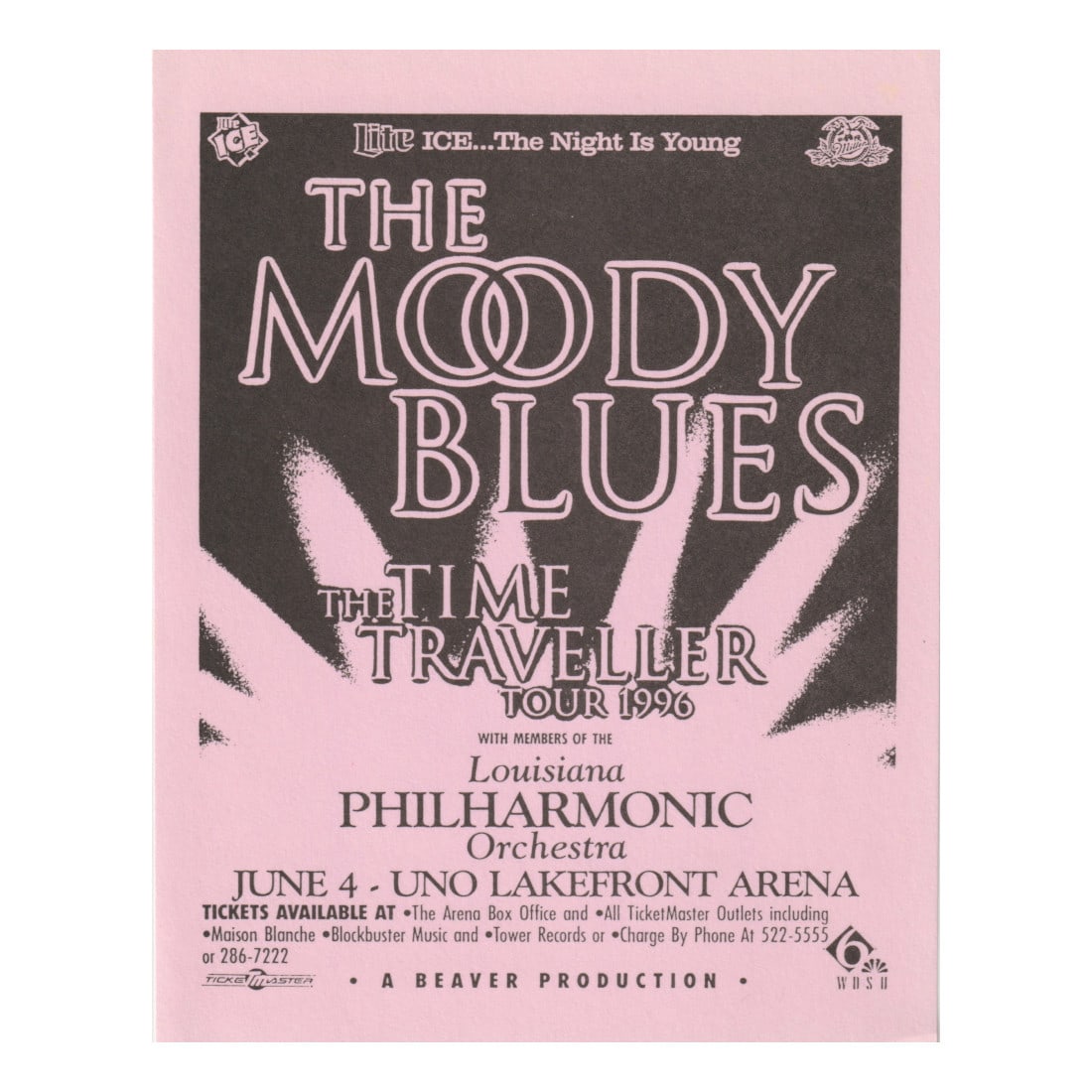The Moody Blues - Uno Lakefront Arena - 1996 Concert Handbill: THE MOODY BLUES (English Rock Band) Authentic 1996 Uno Lakefront Arena Concert Handbill featuring The Moody Blues. Venue: Uno Lakefront Arena, New Orleans, LA. Dated: June 04, 1996. Includes COA. Dime