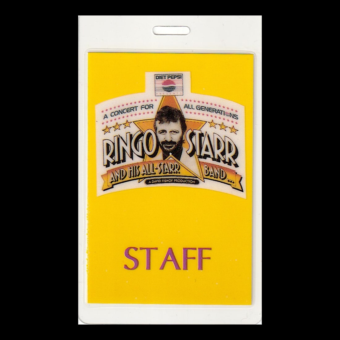 Ringo Starr & His All-Starr Band - Concert For All Generations Tour - 1989 Laminated Backstage Pass: RINGO STARR & HIS ALL-STARR BAND (English Singer-Songwriter) Authentic 1989 Concert For All Generations Tour Unused Laminated Staff Backstage Pass. Manufactured By: OTTO. Includes COA. Dimensions: 2 1