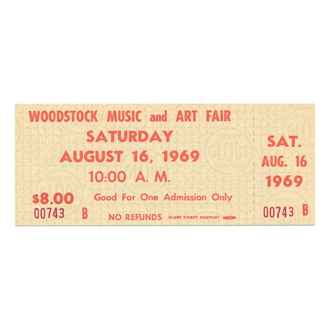 Woodstock - 1969 Saturday Vintage Concert Ticket: WOODSTOCK MUSIC & ART FAIR FESTIVAL (Music Festival billed as 'An Aquarian Exposition: 3 Days of Peace & Music) Authentic unused Woodstock Festival Ticket with photograph. Venue: Max Yasgur Dairy Farm