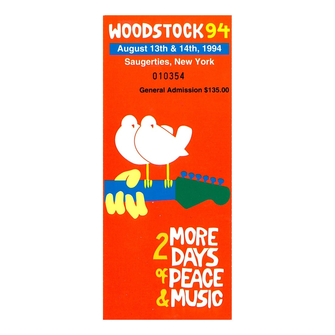 Woodstock Music Festival - 1994 Vintage Concert Ticket: WOODSTOCK 1994 MUSIC FESTIVAL (Music Festival) Authentic 1994 unused Woodstock Festival Ticket. Venue: Winston Farms, Saugerties, New York. Dated: August 13, 1994. Includes COA. Dimensions: 3 inches b
