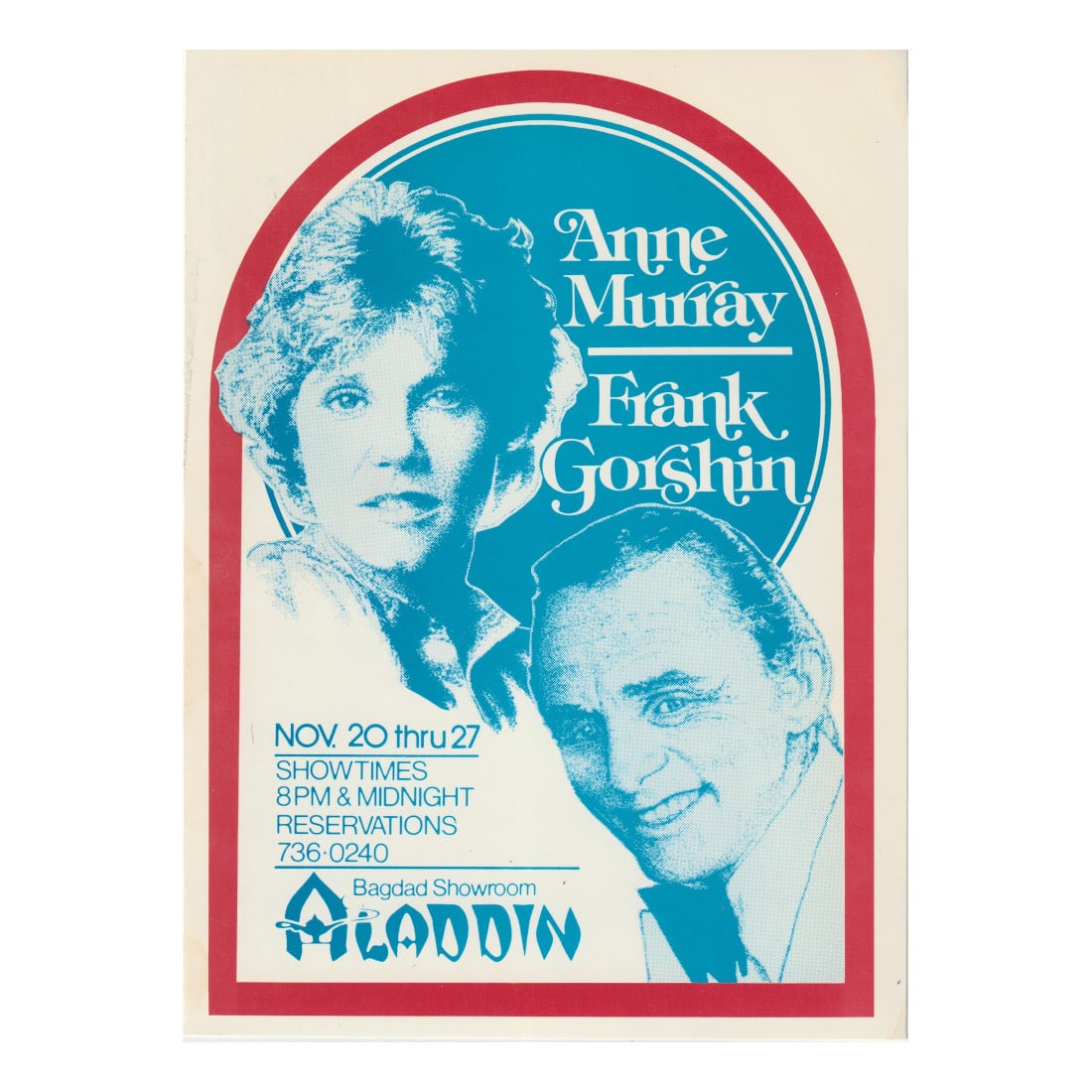 Anne Murray - Frank Gorshin - Aladdin - 1970/80's Concert Handbill (1 of 1)