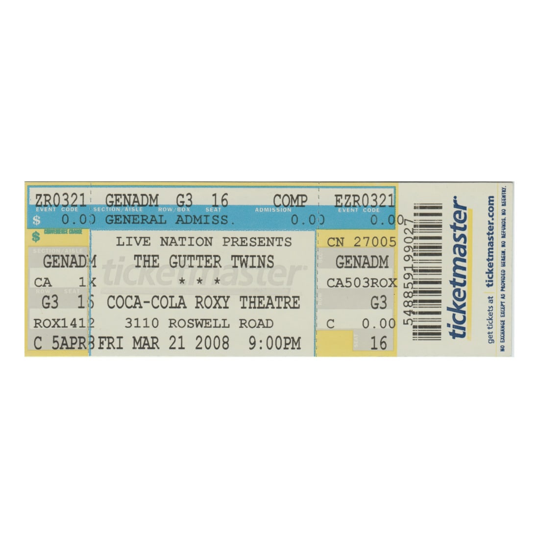 The Gutter Twins - 2008 Vintage Concert Ticket: THE GUTTER TWINS (Musical Duo) Original 2008 unused Concert Ticket featuring The Gutter Twins. Venue: Coca-Cola Roxy Theatre, Atlanta, GA. Dated: March 21, 2008. Includes COA. Dimensions: 5 5/8 inches