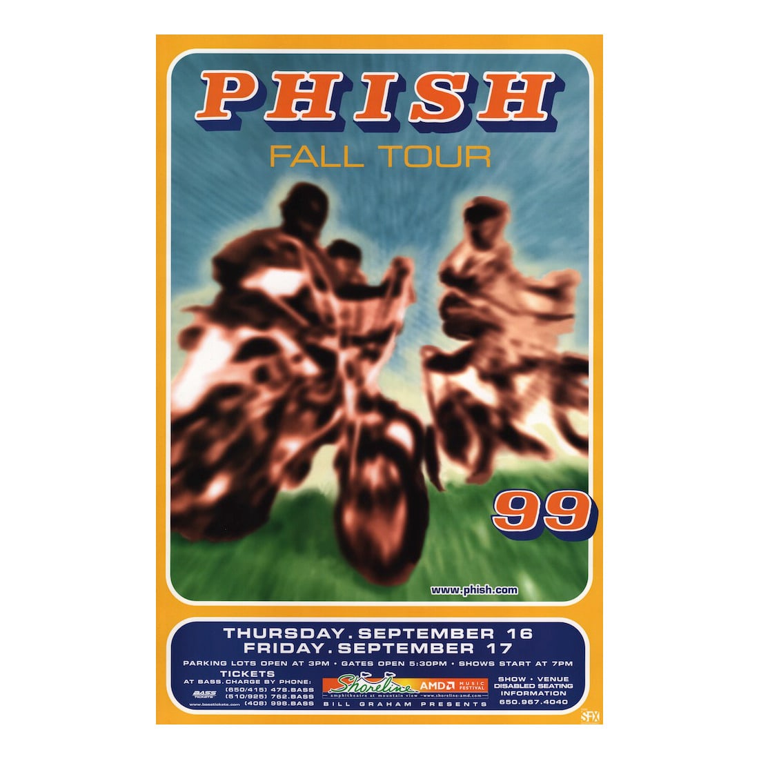 Phish - 1999 Concert Poster: PHISH (American Jam Band) Original & Vintage Bill Graham Presents Concert Poster featuring Phish. Venue: Shoreline Amphitheatre, Mountain View, California. Dated: September 16, 1999. First Printing. I