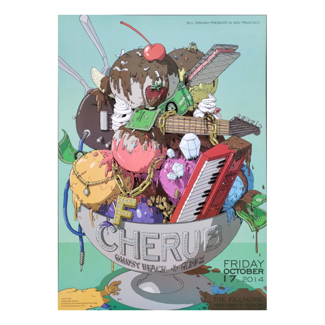 Cherub - 2014 Fillmore Concert Poster: CHERUB (Electro-Indie Duo) Original & Vintage Bill Graham Presents 2014 Concert Tour Poster featuring Cherub. Venue: The Fillmore, San Francisco, California. Dated: October 17, 2014. Artist: Nigel Sus