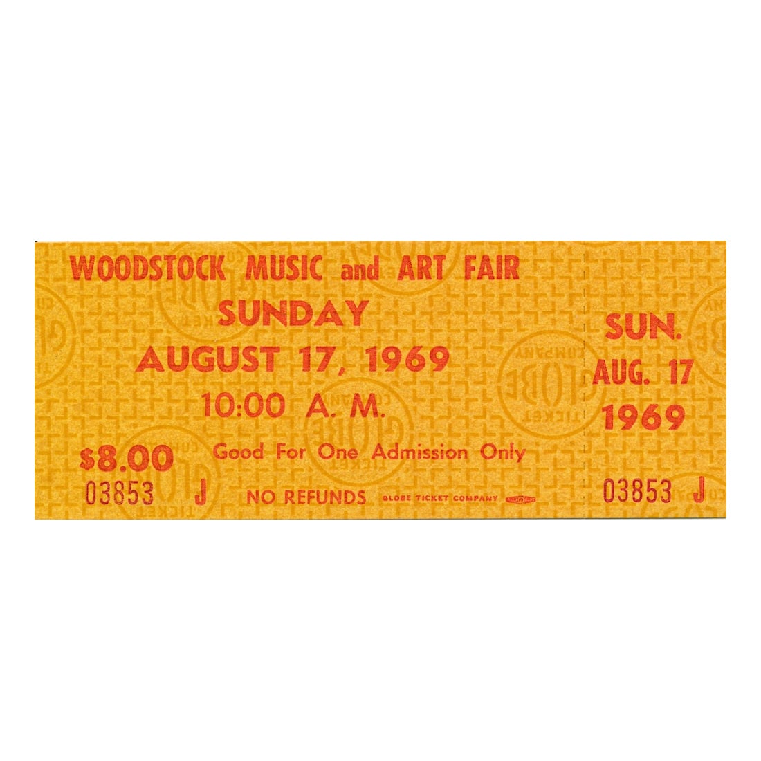 Woodstock - 1969 Sunday Vintage Concert Ticket: WOODSTOCK MUSIC & ART FAIR FESTIVAL (Music Festival billed as 'An Aquarian Exposition: 3 Days of Peace & Music) Authentic unused Woodstock Festival Ticket with photograph featuring Jimi Hendrix. Venue