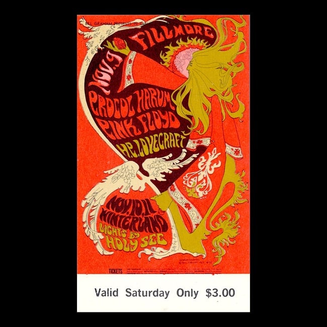 Pink Floyd Procol Harum 1967 Concert Ticket: PINK FLOYD (English Rock Band) PROCOL HARUM (English Rock Band) Original & Bill Graham Presents Concert Ticket featuring Pink Floyd and Procol Harum. Venue: Fillmore Auditorium, San Francisco, Califor