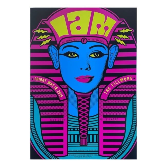 IAM - 2018 Concert Poster: IAM (French Hip Hop Band) Original & Vintage Bill Graham Presents 2018 Concert Tour Poster featuring IAM. Venue: The Fillmore, San Francisco, California. Dated: May 18, 2018. Artist: Scrojo. First Pri