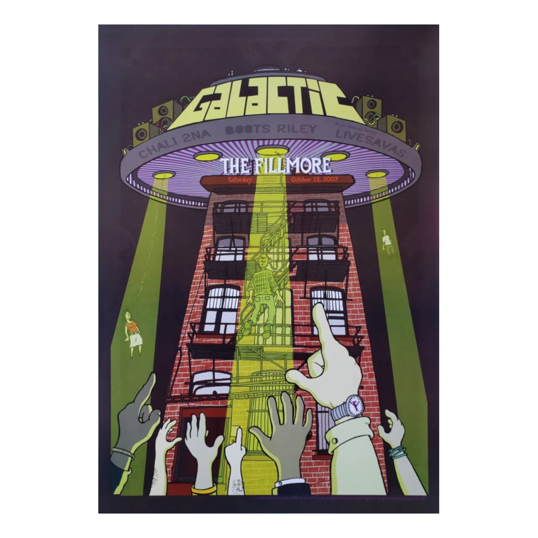 Galactic - 2007 Concert Poster: GALACTIC (American Jam Band) Original & Vintage Bill Graham Presents 2007 Concert Tour Poster featuring Galactic. Venue: The Fillmore, San Francisco, California. Dated: October 13, 2007. Artist: Matt