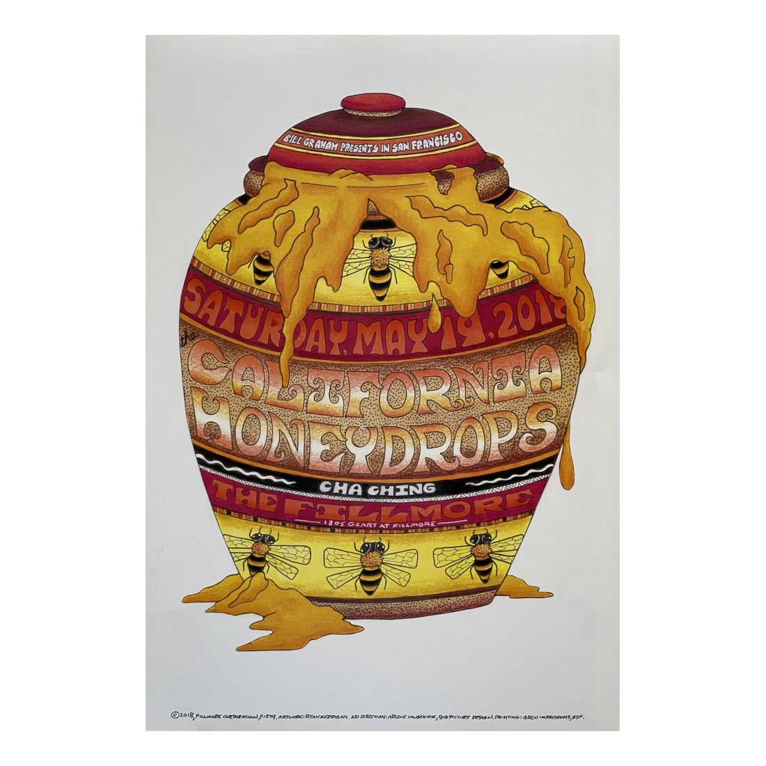 California Honeydrops 2018 Concert Poster: CALIFORNIA HONEYDROPS (American Blues and R&B Band) Original & Vintage Bill Graham Presents 2018 Concert Tour Poster featuring California Honeydrops. Venue: The Fillmore, San Francisco, California. Da