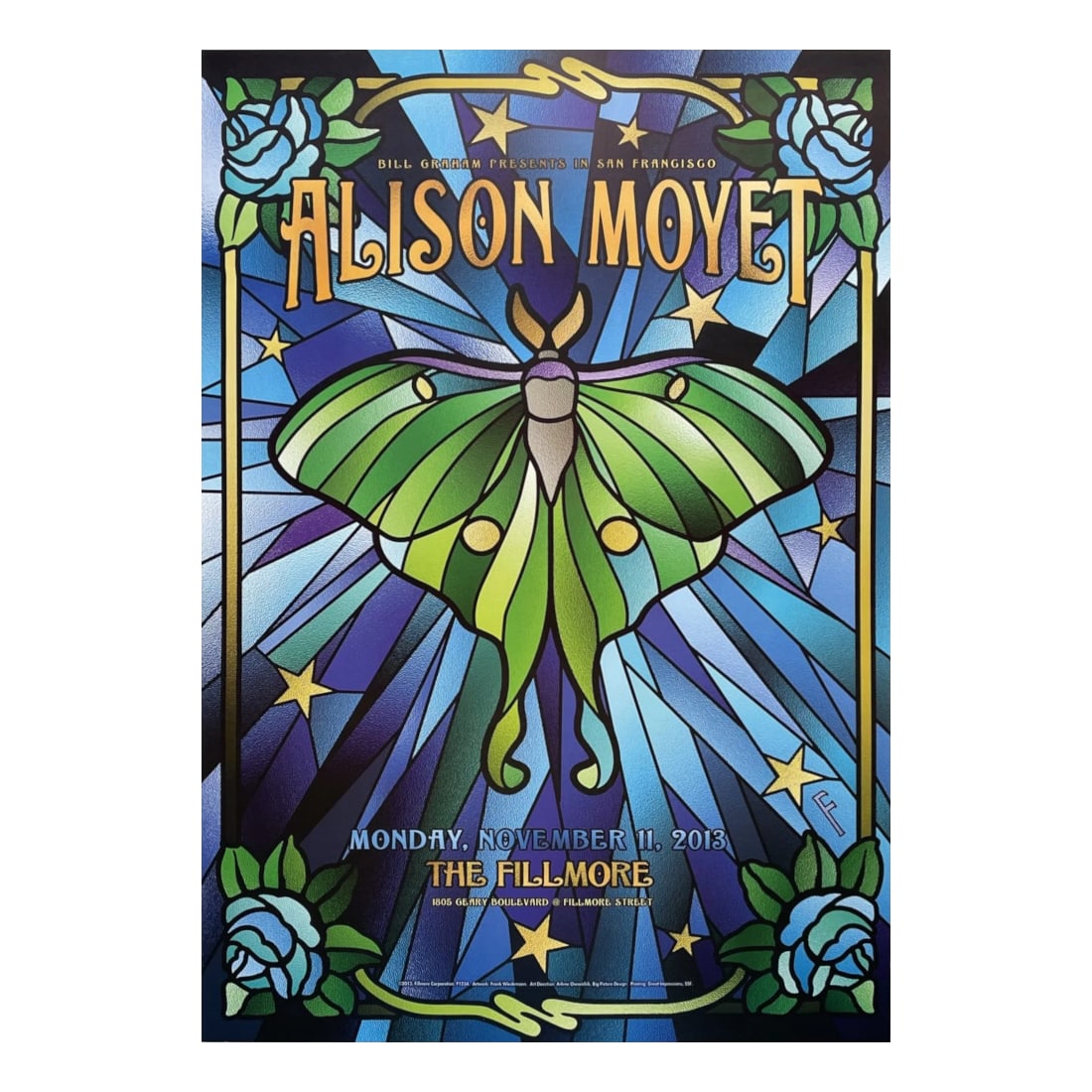 Alison Moyet - 2013 Concert Poster: ALISON MOYET (English Singer) Original & Vintage Bill Graham Presents 2013 Concert Tour Poster featuring Alison Moyet. Venue: The Fillmore, San Francisco, California. Dated: November 11, 2013. Artist: