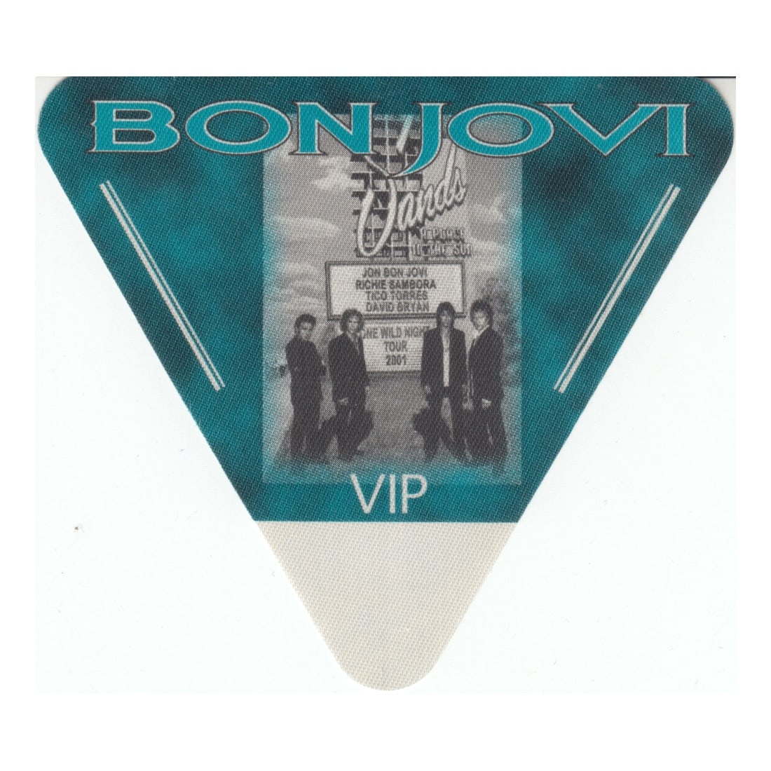 Bon Jovi - One Wild Night Tour - 2001 Backstage Pass Aqua: BON JOVI (American Rock Band) Authentic 2001 One Wild Night Tour Unused VIP Backstage Pass Aqua. Manufactured By: Perri. Includes COA. Dimensions: 4 1/4 inches by 3 3/4 inches Shipped Flat Shipping ca