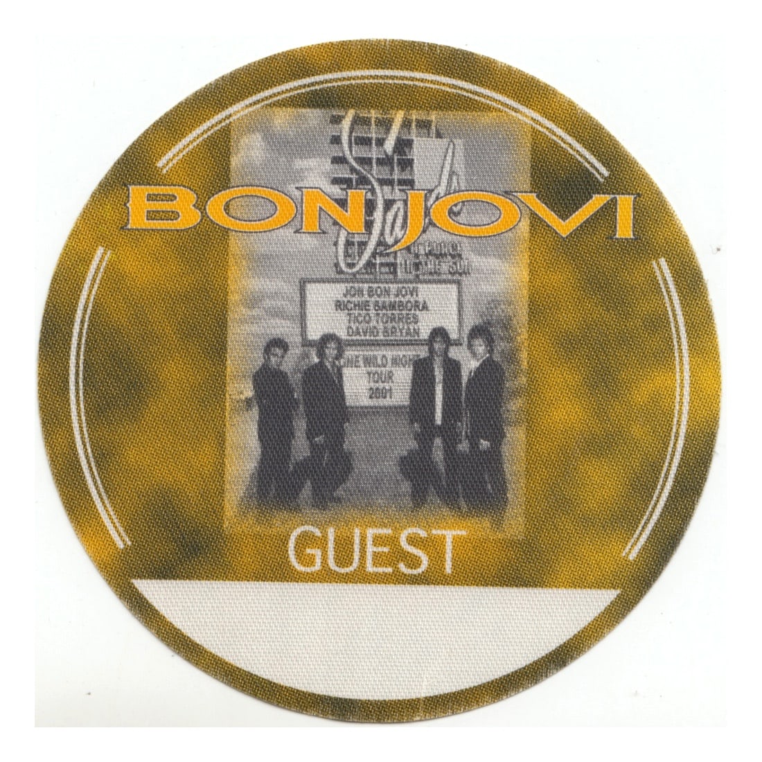 Bon Jovi - One Wild Night Tour - 2001 Backstage Pass Yellow: BON JOVI (American Rock Band) Authentic 2001 One Wild Night Tour Unused Guest Backstage Pass Yellow. Manufactured By: Perri. Includes COA. Dimensions: 3 11/16 inches round Shipped Flat Shipping can be
