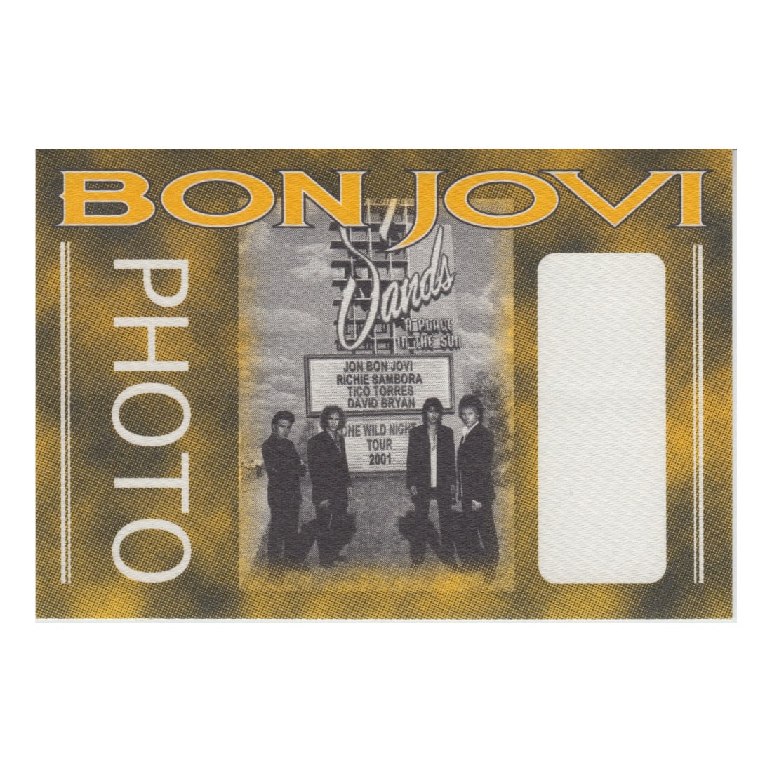 Bon Jovi - One Wild Night Tour - 2001 Backstage Pass Yellow: BON JOVI (American Rock Band) Authentic 2001 One Wild Night Tour Unused Photo Backstage Pass Yellow. Manufactured By: Perri. Includes COA. Dimensions: 2 15/16 inches by 4 5/8 inches Shipped Flat Shipp