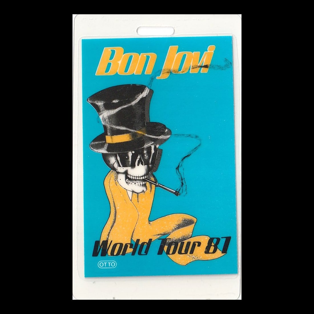 Bon Jovi - World Tour - 1981 Laminated Backstage Pass: BON JOVI (American Rock Band) Authentic 1981 World Tour Unused Laminated Backstage Pass. Manufactured By: OTTO. Includes COA. Dimensions: 2 1/2 inches by 4 1/4 inches Shipped Flat Shipping can be comb