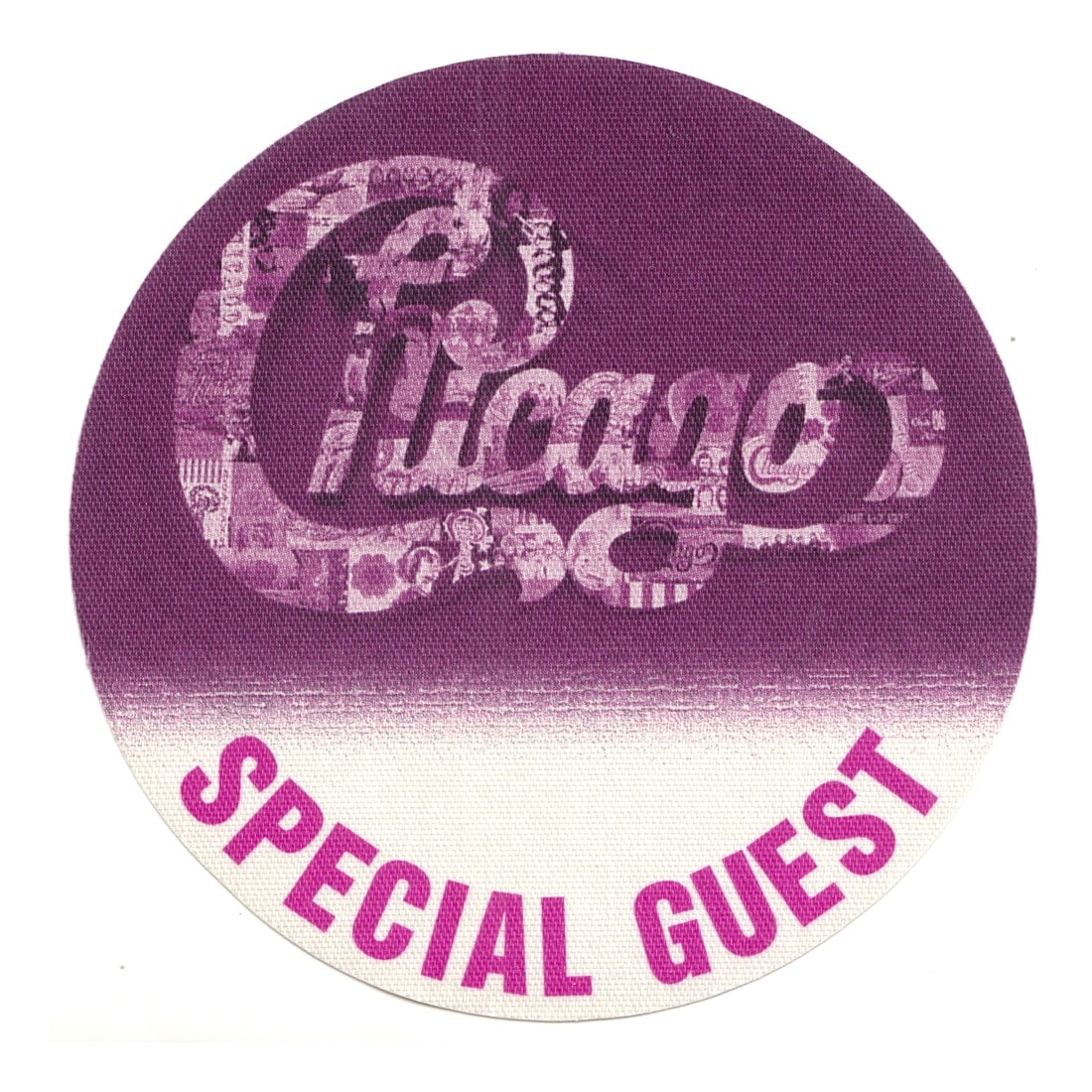 Chicago - Chicago 2 Tour - Backstage Pass Purple: CHICAGO (American Rock Band) Authentic Chicago 2 Tour Unused Special Guest Backstage Pass Purple. Manufactured By: Perri. Includes COA. Dimensions: 3 11/16 inches round Shipped Flat Shipping can be co