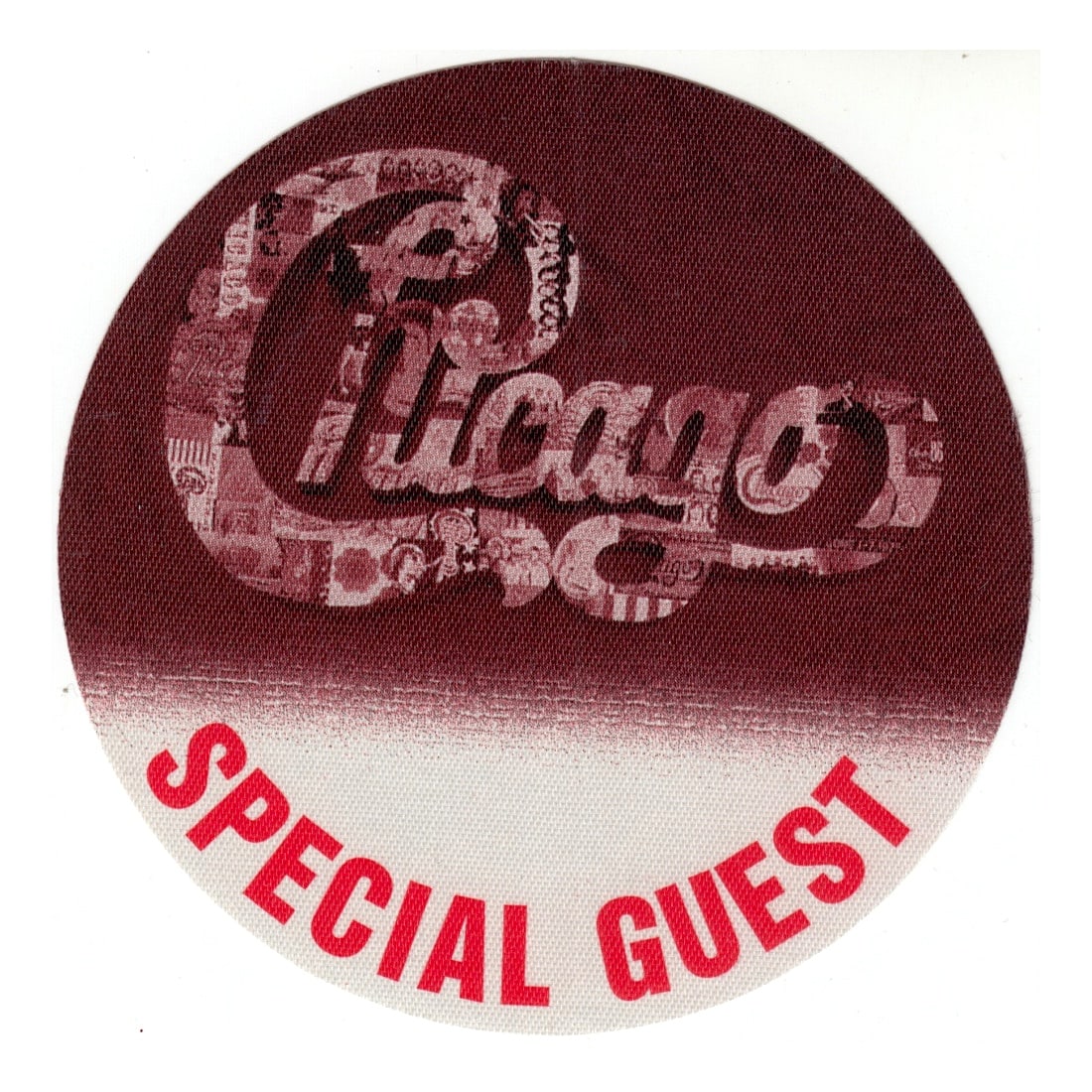 Chicago - Chicago 2 Tour - Backstage Pass Red: CHICAGO (American Rock Band) Authentic Chicago 2 Tour Unused Special Guest Backstage Pass Red. Manufactured By: Perri. Includes COA. Dimensions: 3 11/16 inches round Shipped Flat Shipping can be combi