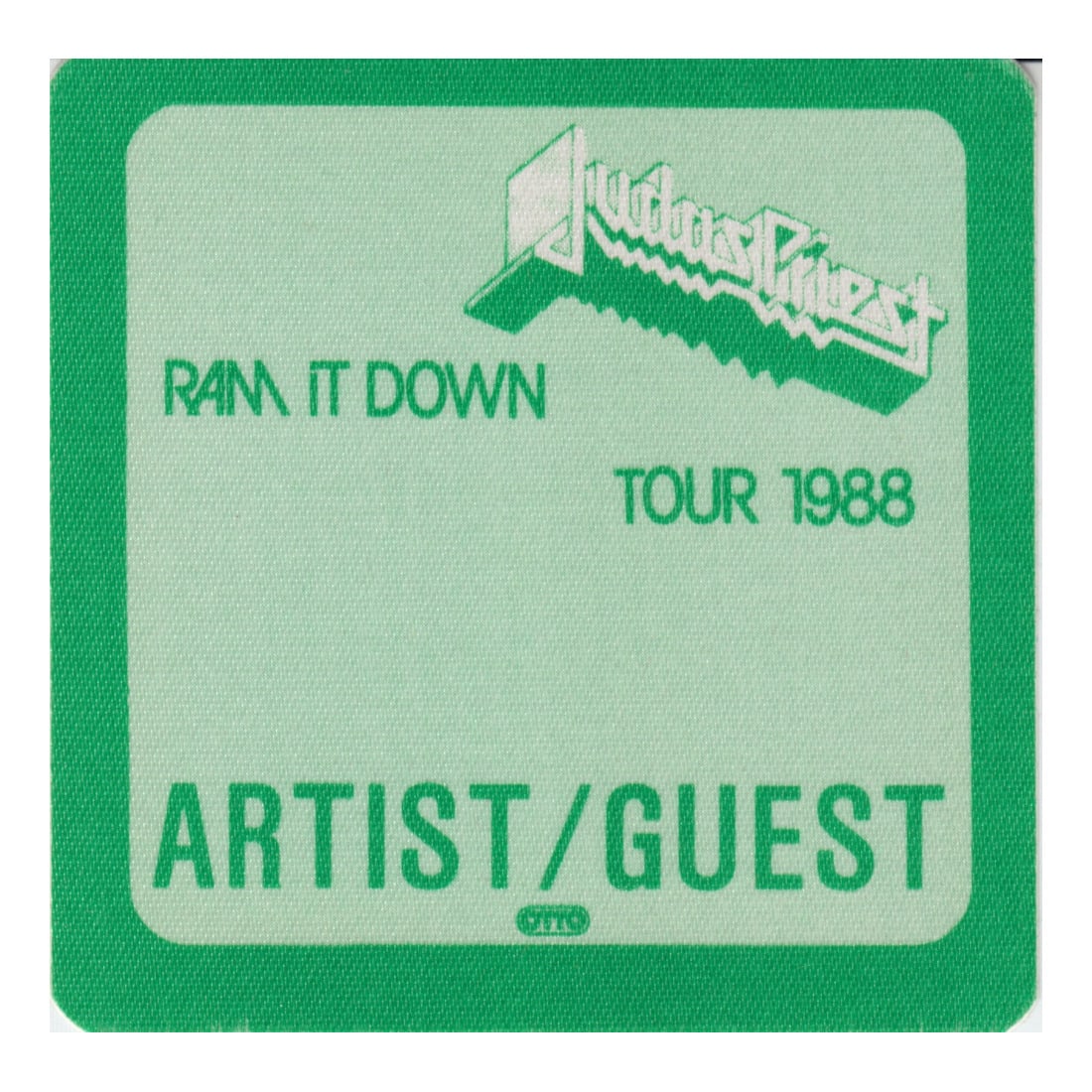 Judas Priest - Ram It Down Tour - 1988 Backstage Pass: JUDAS PRIEST (English Heavy Metal) Authentic 1988 Ram It Down Tour Unused Artist/Guest Green Backstage Pass. Manufactured By: OTTO. Includes COA. Dimensions: 3 1/4 inches by 3 1/4 inches Shipped Flat 