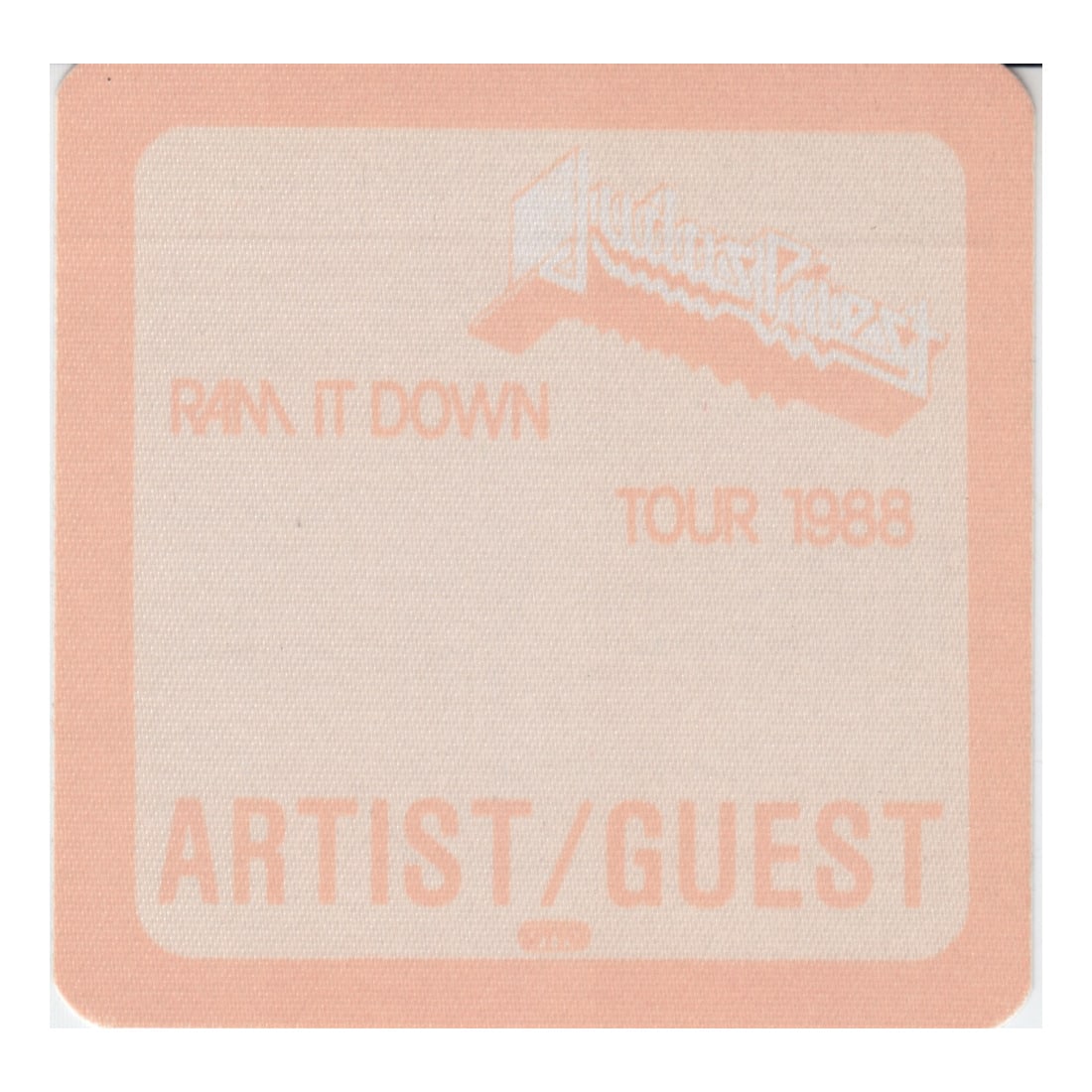 Judas Priest - Ram It Down Tour - 1988 Backstage Pass: JUDAS PRIEST (English Heavy Metal) Authentic 1988 Ram It Down Tour Unused Artist/Guest Orange Backstage Pass. Manufactured By: OTTO. Includes COA. Dimensions: 3 1/4 inches by 3 1/4 inches Shipped Flat