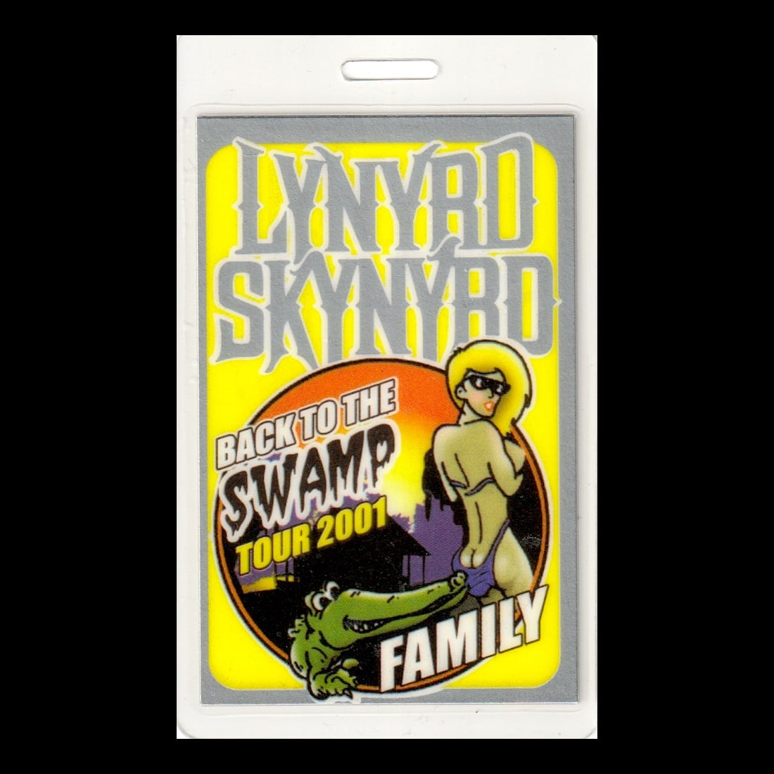Lynyrd Skynyrd - Back to The Swamp Tour - 2001 Laminated Backstage Pass: LYNYRD SKYNYRD (American Southern Rock Band) Authentic 2001 Back to The Swamp Tour Unused Laminated Family Backstage Pass. Includes COA. Dimensions: 2 1/2 inches by 4 1/4 inches Shipped Flat Shipping 