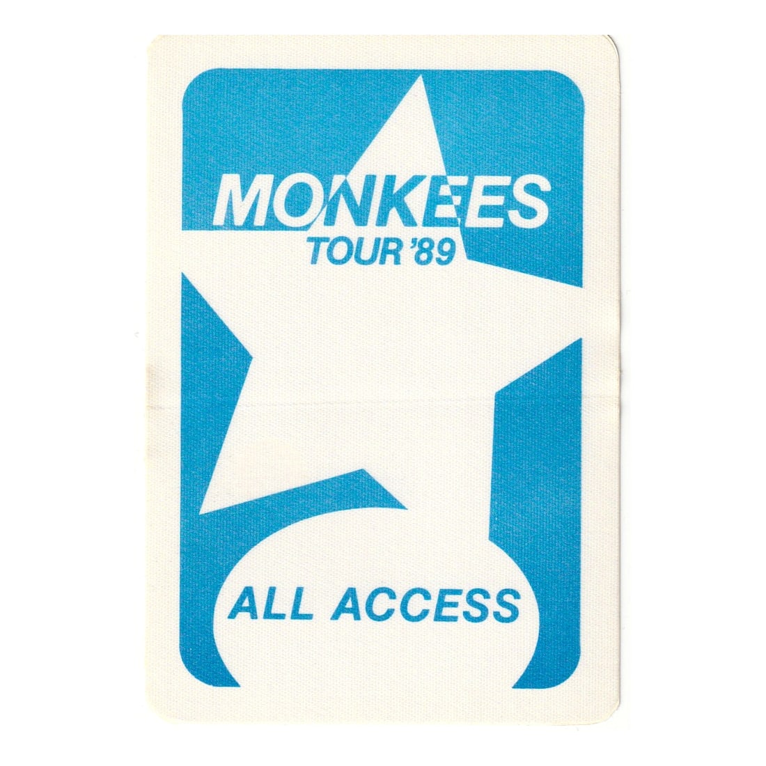 Monkees - World Tour - 1989 Backstage Pass: MONKEES (American Pop Band) Authentic 1989 World Tour Unused All Access Backstage Pass. Manufactured By: OTTO. Includes COA. Dimensions: 3 1/4 inches by 4 3/4 inches Shipped Flat Shipping can be combi