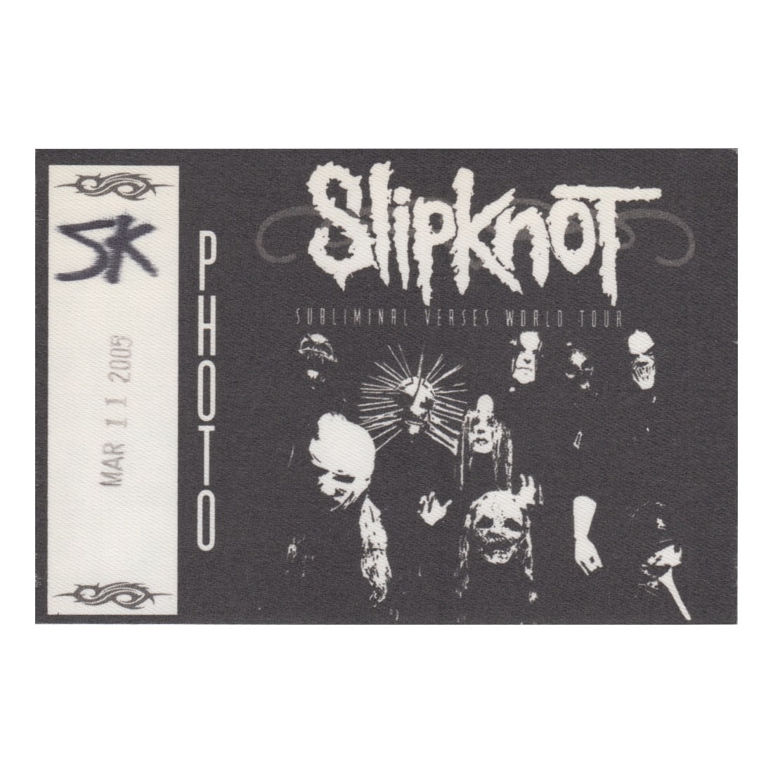 Slipknot - Subliminal Verses World Tour - 2005 Backstage Pass: SLIPKNOT (American Heavy Metal Band) Authentic 2005 Subliminal Verses World Tour Unused Photo Backstage Pass . Dated: 03-11-2005. Includes COA. Dimensions: 4 3/4 inches by 3 1/4 inches Shipped Flat Sh