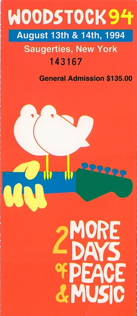 Woodstock Music Festival - 1994 Vintage Concert Ticket: WOODSTOCK 1994 MUSIC FESTIVAL (Music Festival) Authentic 1994 unused Woodstock Festival Ticket. Venue: Winston Farms, Saugerties, New York. Dated: August 13, 1994. Includes COA. Dimensions: 3 inches