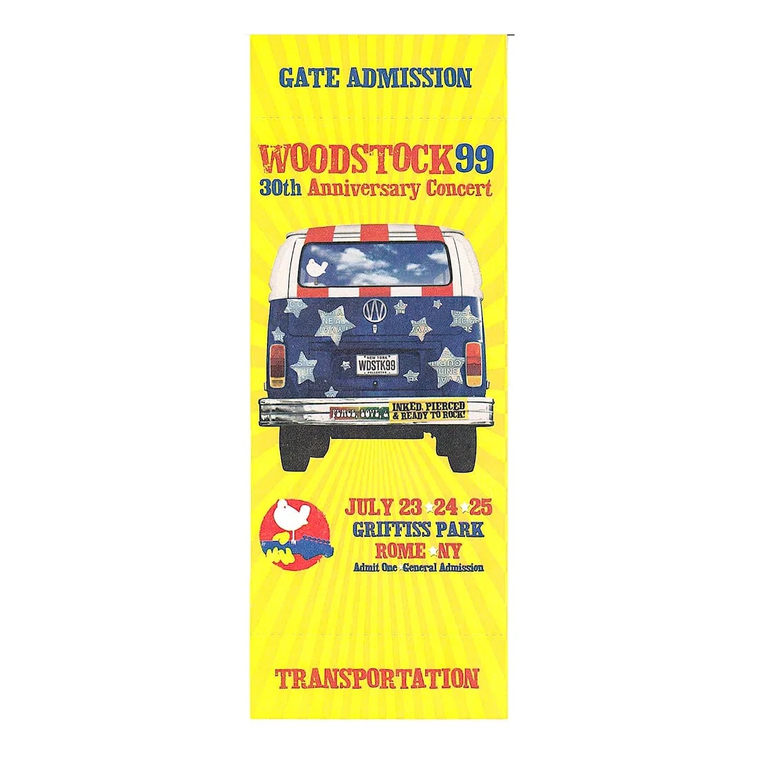 Woodstock Music Festival - 1999 Concert Ticket: WOODSTOCK 1999 MUSIC FESTIVAL (Music Festival) Authentic 1999 unused Woodstock Festival Ticket. Venue: Griffiss Park, Rome, New York. Dated: July 23-25, 1999. Includes COA. Dimensions: 3 inches by 8 i