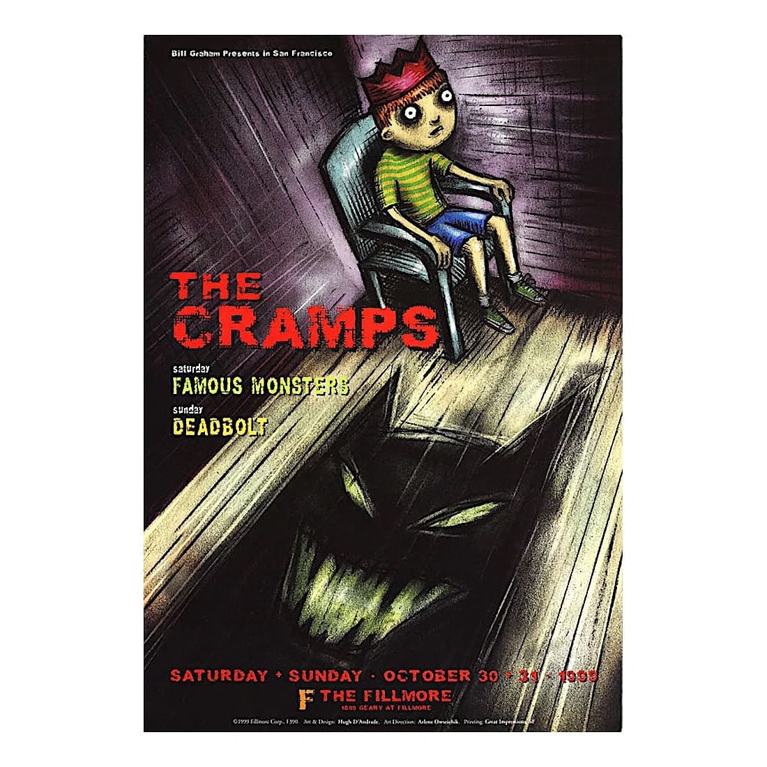 The Cramps - 1999 Fillmore Concert Poster: THE CRAMPS (American Punk Rock Band) Original & Vintage Concert Poster featuring The Cramps. Venue: Fillmore Auditorium, San Francisco, California. Dated: October 30, 1999. Artist: Hugh D'Andrade.
