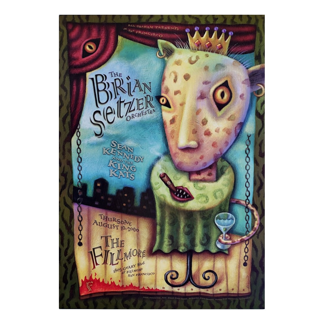 The Brian Setzer Orchestra - 2000 Concert Poster: THE BRIAN SETZER ORCHESTRA (Swing Jump Blues Band) Original & Bill Graham Presents 2000 Concert Tour Poster featuring The Brian Setzer Orchestra. Venue: The Fillmore, San Francisco, California. Dated: