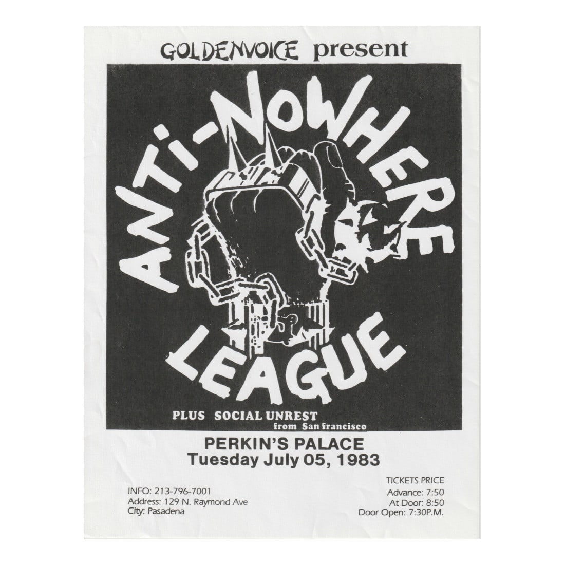 Anti-Nowhere League - 1983 Concert Handbill: ANTI-NOWHERE LEAGUE (English Punk Rock Band) Authentic 1983 Perkin's Palace Concert Handbill featuring Anti-Nowhere League. Venue: Perkin's Palace, Pasadena, California. Dated: July 05, 1983. Includes
