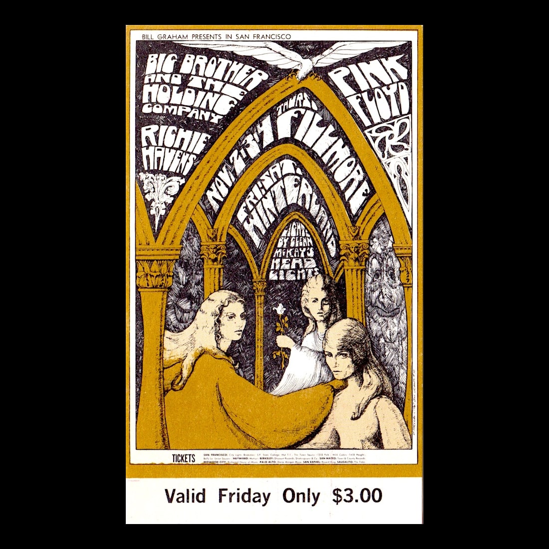Pink Floyd - Richie Havens - 1967 Concert Ticket: PINK FLOYD (English Rock Band) RICHIE HAVENS (1941-2013 American Musician and Singer-Songwriter) BIG BROTHER AND THE HOLDING COMPANY (American Rock Band) Original & Bill Graham Presents Concert Ticket