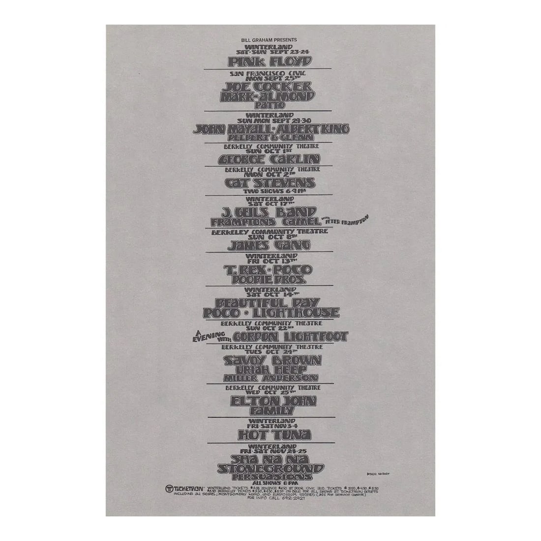 Pink Floyd - 1972 Concert Handbill: PINK FLOYD (English Rock Band) JOE COCKER (1944-2014 English Singer and Musician) CAT STEVENS (British Singer-Songwriter) Original & Vintage Bill Graham Presents Concert Handbill featuring Pink Floyd,