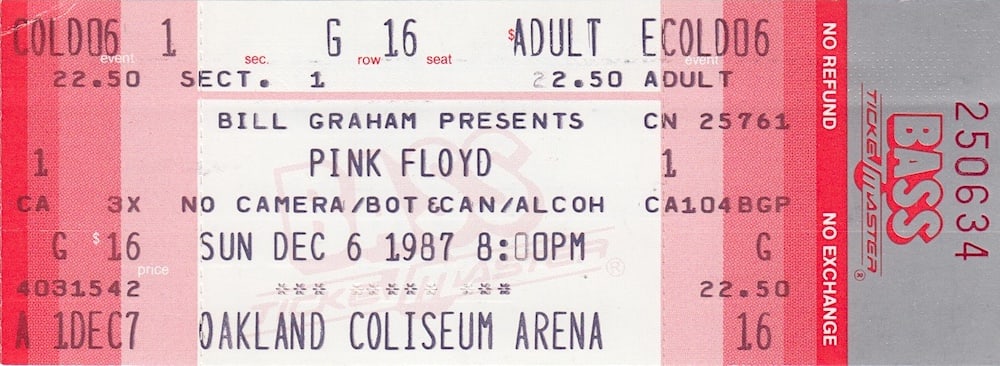 Pink Floyd - 1987 Vintage Concert Ticket (1 of 1)