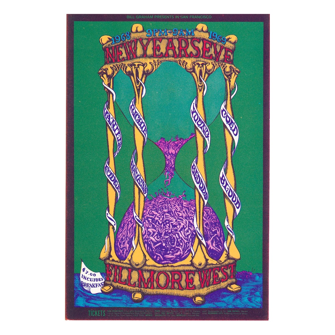 Vanilla Fudge - 1968 NYE Concert Handbill: VANILLA FUDGE (American Rock Band) RICHIE HAVENS (1941-2013 American Musician and Singer-Songwriter) Original & Vintage Bill Graham Presents Concert Postcard featuring Vanilla Fudge, Richie Havens and