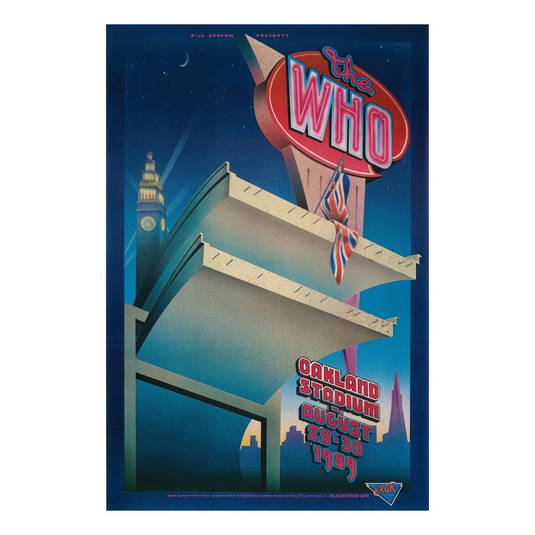 The Who - 1989 Concert Poster: THE WHO (English Rock Band) Original & Vintage Bill Graham Concert Poster featuring The Who. Venue: Oakland Coliseum Stadium, Oakland, California. Dated: August 29, 1989. Artist: Randy Tuten, Jerry Po
