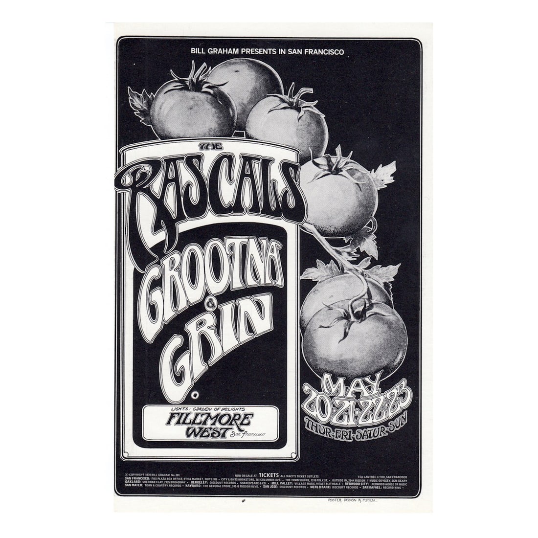 The Rascals - 1971 Concert Handbill: THE RASCALS (American Rock Band) Original & Vintage Bill Graham Presents Concert Handbill featuring The Rascals, Grootna and Grin. This handbill is #281-1 in The Bill Graham Series. Venue: Fillmore We