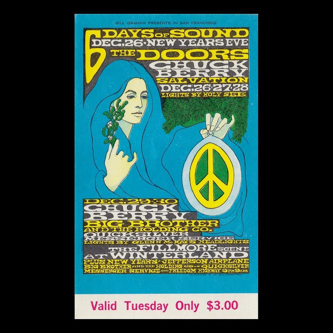 The Doors - Winterland - 1967 Vintage Concert Ticket: THE DOORS (American Rock Band) CHUCK BERRY (1926-2017 American Guitarist and Singer-Songwriter) BIG BROTHER AND THE HOLDING COMPANY (American Rock Band) Original & Vintage Bill Graham Presents Concert