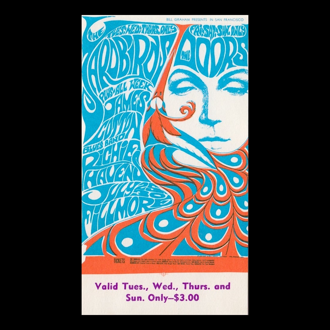 The Doors - Fillmore - 1967 Vintage Concert Ticket: THE DOORS (American Rock Band) Original & Vintage Bill Graham Presents Concert Ticket featuring The Doors, Yardbirds, and Richie Havens. Venue: Fillmore Auditorium, San Francisco, California. Dated: J