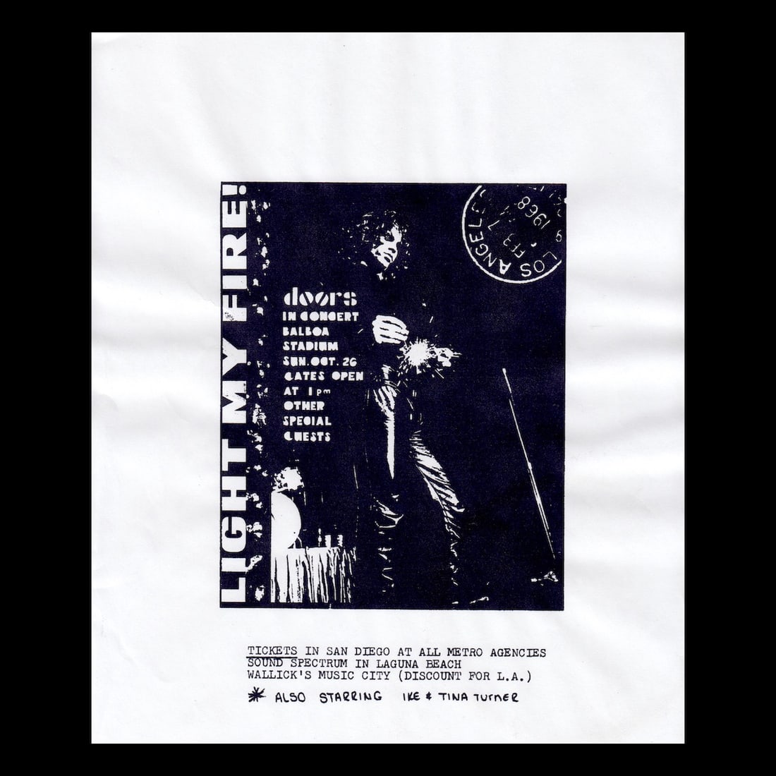 The Doors - 1969 Concert Handbill: THE DOORS (American Rock Band) Original & Vintage West Coast Promotions Concert Handbill featuring The Doors and Ike & Tina Turner. This performance was cancelled due to the circumstances regarding Th