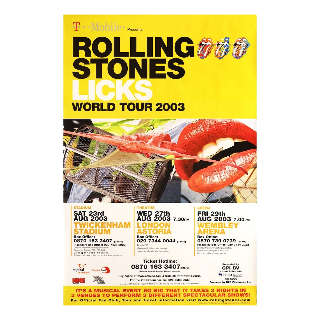 Rolling Stones - 2003 Concert Poster: THE ROLLING STONES (English Rock Band) Original & Vintage 2003 Subway Concert Poster advertising the three August 2003 dates in London: 24 at Twickenham Stadium, 27 at the Astoria Theatre, and 29 at W