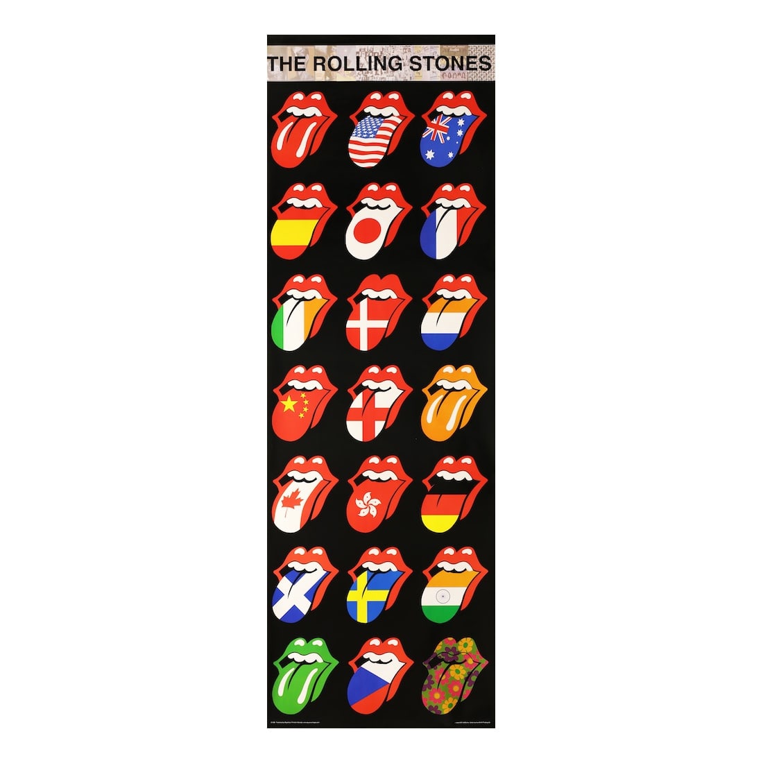 Rolling Stones - 2005 Banner Poster: THE ROLLING STONES (English Rock Band) Original & Vintage 2005 Banner Poster featuring twenty-one of the iconic lips and tongue logo with different flags of the world. Published by Aquarius Images. 20