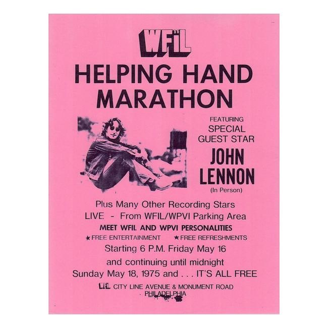 John Lennon - 1975 WFIL Helping Hand Marathon Flyer: JOHN LENNON (1940-1980 English Musician, Singer and Songwriter) Original & Vintage 1975 John Lennon 'WFIL Helping Hand Marathon' Flyer with photograph. 1975 First Printing. Includes COA. Dimensions: