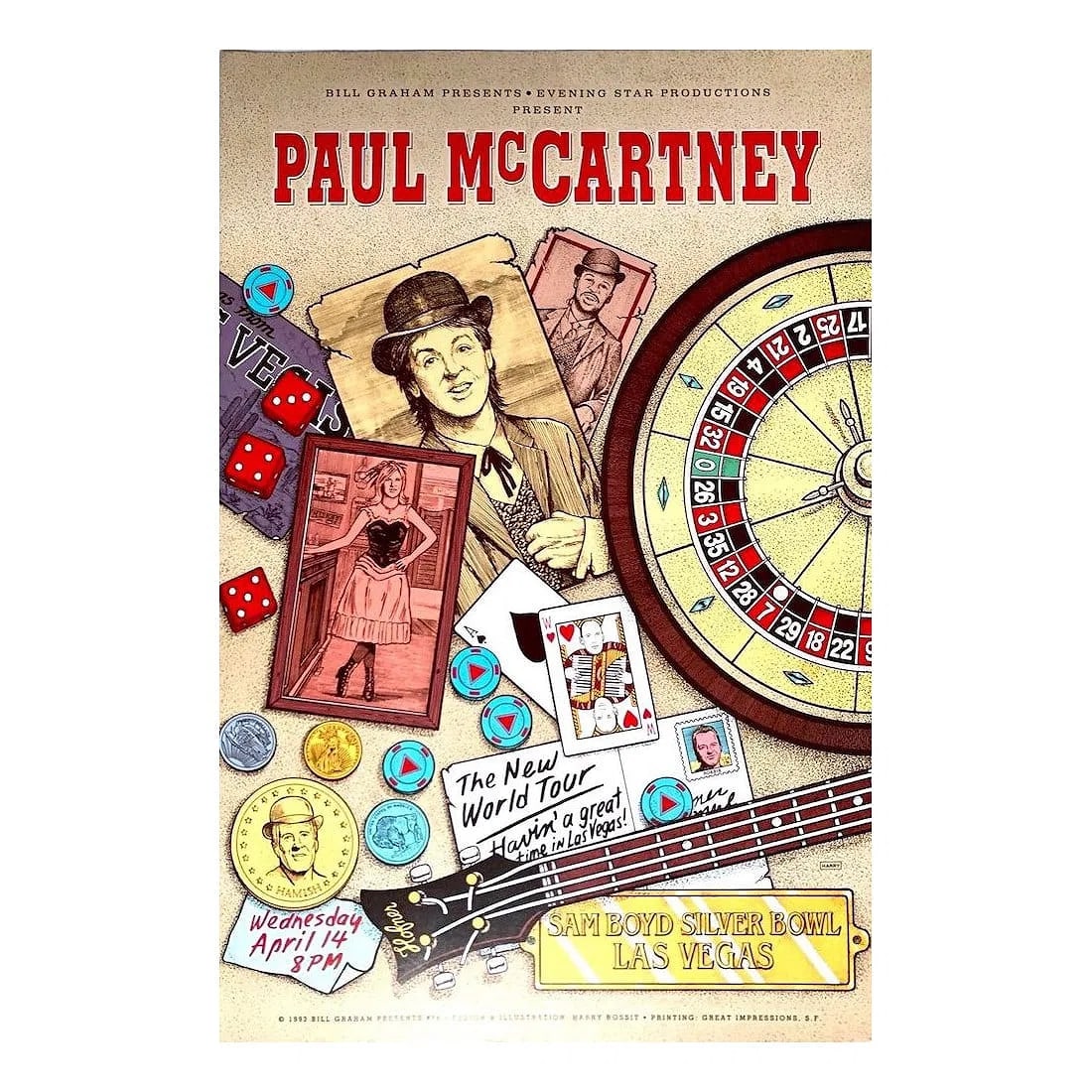Paul McCartney - 1993 Bill Graham Concert Poster: SIR PAUL MCCARTNEY (English Musician, Singer and Songwriter) Original & Vintage Bill Graham Presents Paul McCartney 'The New World Tour' Concert Poster. Venue: Sam Boyd Stadium, Las Vegas, NV. Dated: 