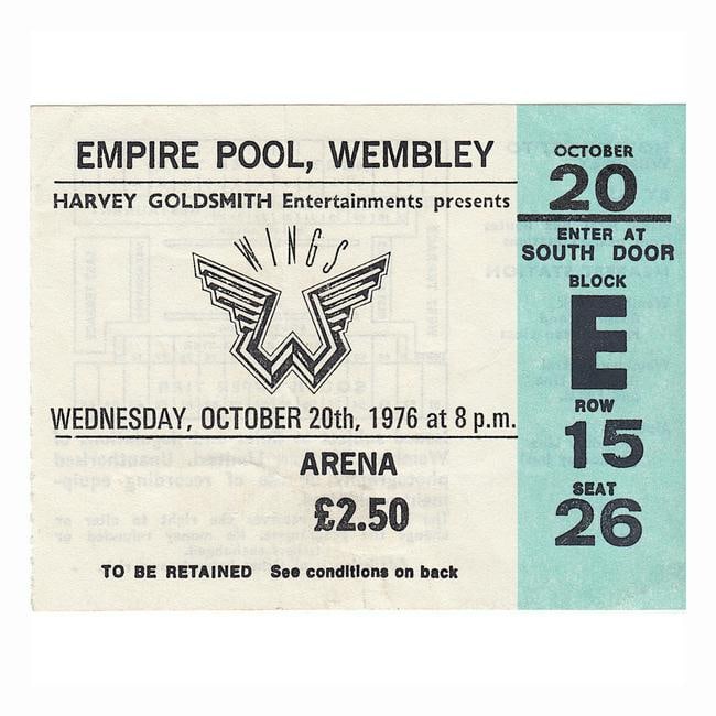 Wings Over the World - 1976 Vintage Concert Ticket: WINGS (Anglo-American Rock Band) Original & Vintage 1976 Wings Over The World Concert Ticket. Venue: Empire Pool, London, England. Dated: October 20, 1976. Includes COA. Dimensions: 3.5 inches by