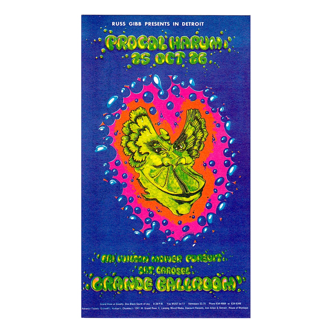 Procol Harum - 1968 Grande Ballroom Handbill: PROCOL HARUM (English Rock Band) Original & Vintage Russ Gibb Concert Handbill featuring Procol Harum. This handbill is #60-1 in The Grande Ballroom Series. Venue: Grande Ballroom, Detroit, Michigan. 