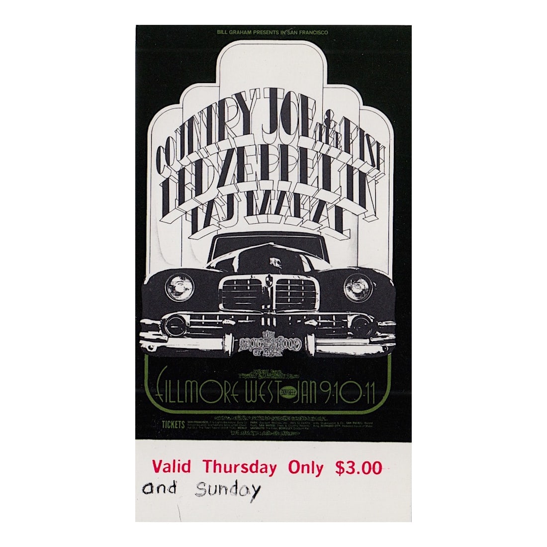 Led Zeppelin - 1969 Vintage Concert Ticket: LED ZEPPELIN (English Rock Band) Original & Vintage Bill Graham Presents Concert Ticket featuring Led Zeppelin, Country Joe & the Fish and Taj Mahal. Venue: Fillmore West, San Francisco, California. D