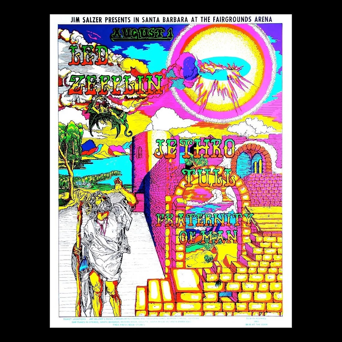 Led Zeppelin - 1969 Jim Salzer Concert Poster: LED ZEPPELIN (English Rock Band) JETHRO TULL (British Rock Group) Original & Vintage Jim Salzer Presents Concert Poster featuring Led Zeppelin, Jethro Tull and Fraternity of Man. Venue: Earl Warren Sh
