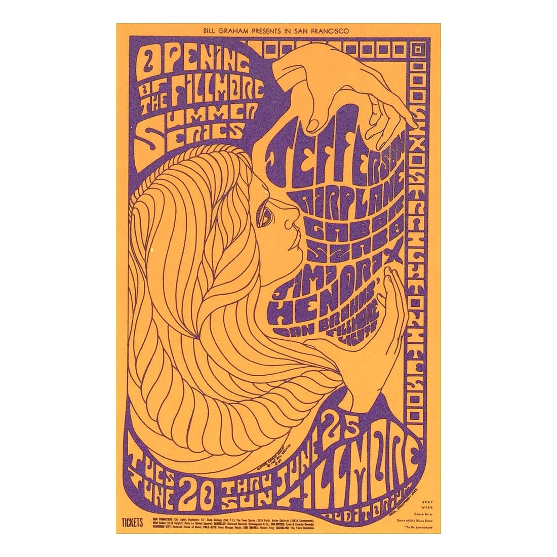 Jimi Hendrix - 1967 Fillmore Concert Handbill: JIMI HENDRIX (1942-1970 American Rock Guitarist, Singer-Songwriter and Musician) JEFFERSON AIRPLANE (American Rock Band) Original & Vintage Bill Graham Presents Concert Postcard featuring Jefferson